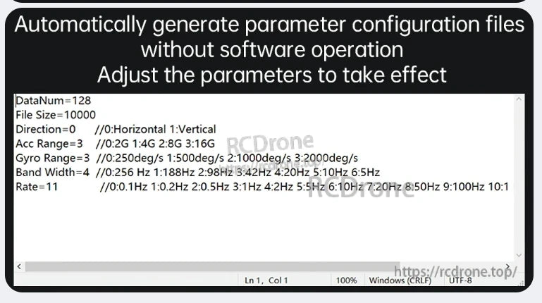 WitMotion WT901 Accelerometer Logger, Generate config files automatically. Set parameters: DataNum=128, File Size=10000, Direction=0, Acc/Gyro Range=3, Band Width=4, Rate=11.