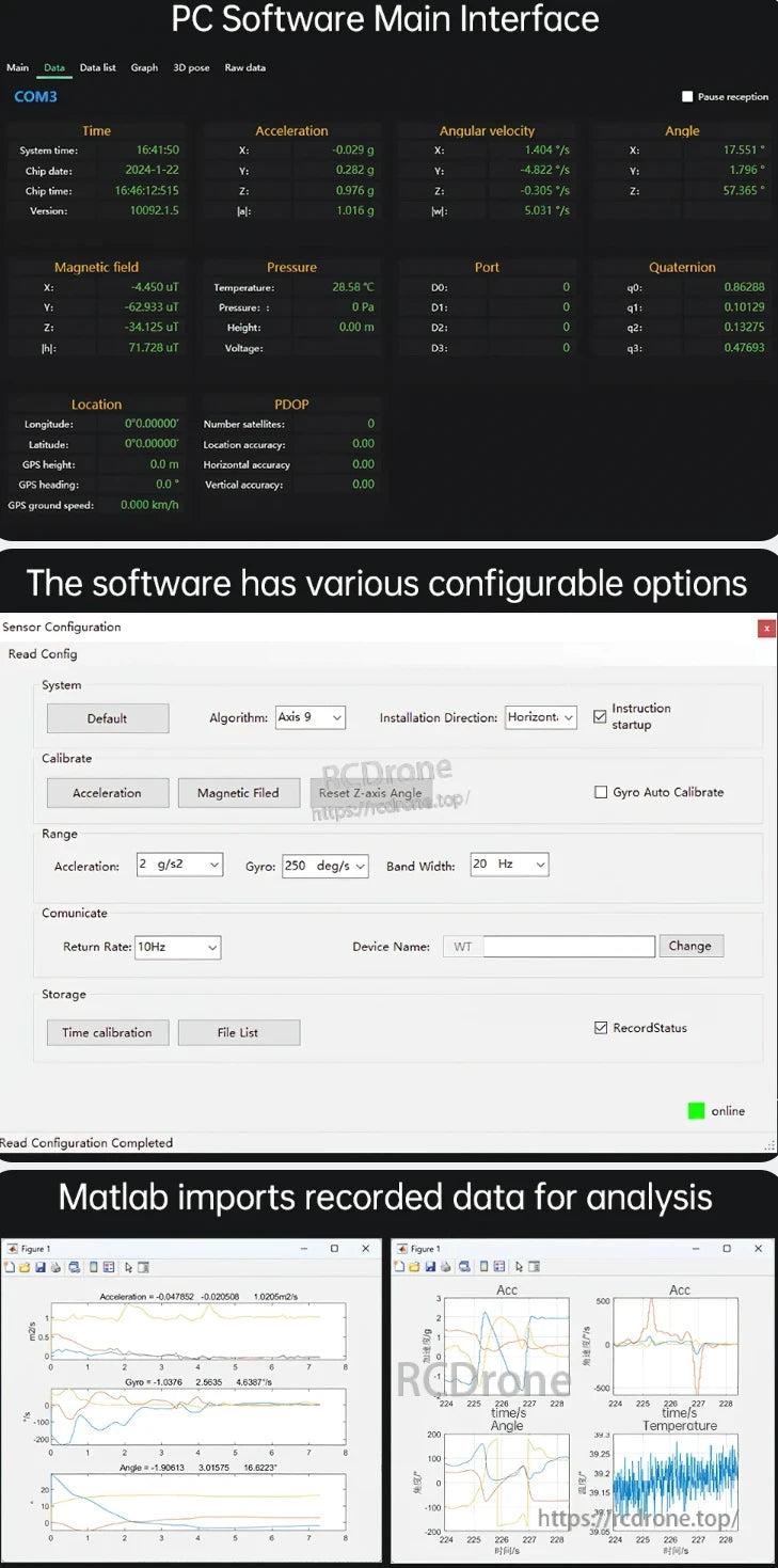 WitMotion WT901 Accelerometer Logger, The software displays real-time sensor data and allows configuration, calibration, and logging. MATLAB analyzes data with graphs of acceleration, angle, and temperature over time.