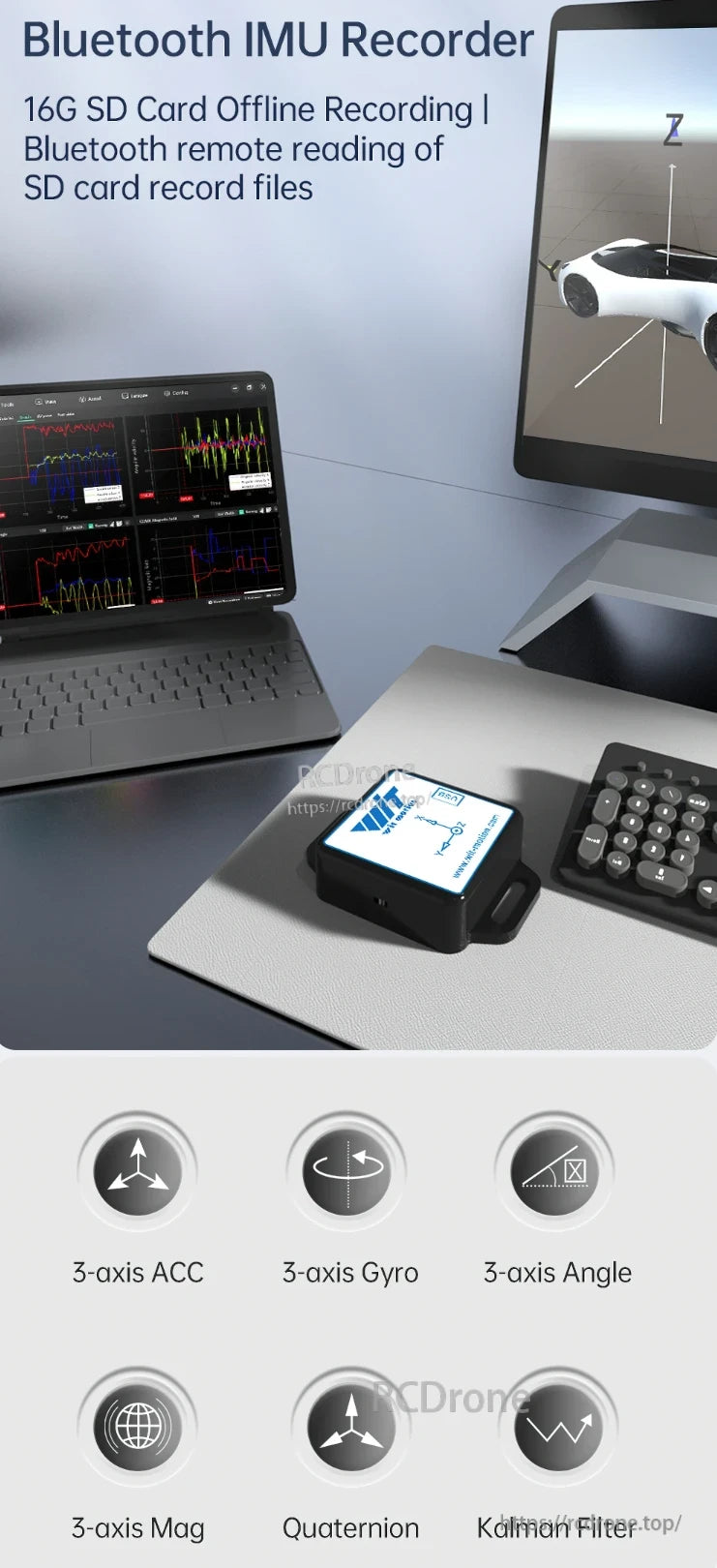 WitMotion WT901 Accelerometer Logger, Bluetooth IMU Recorder with 16GB SD card offers offline recording, remote access, and features 3-axis ACC, Gyro, Angle, Mag, Quaternion, and Kalman Filter.