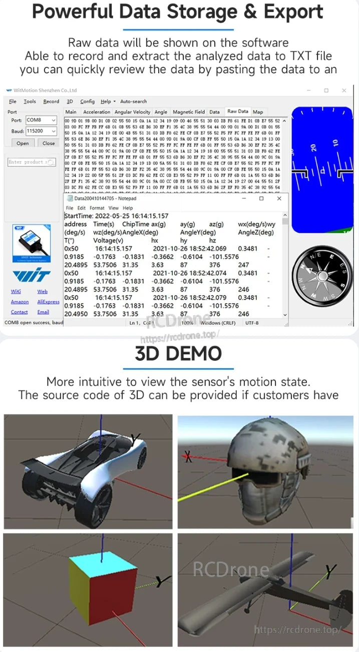 WitMotion WT901 Accelerometer, The WitMotion WT901 provides data storage, raw data display, and 3D motion visualization with customizable models for diverse applications.