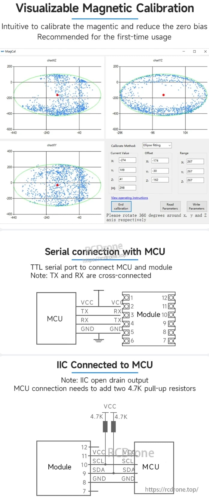 WitMotion WT901 Accelerometer, Visualizable magnetic calibration with ellipse fitting and 360-degree rotation. Includes TTL serial and I2C connection diagrams with MCU, cross-connected TX/RX, and 4.7K pull-up resistors for I2C.
