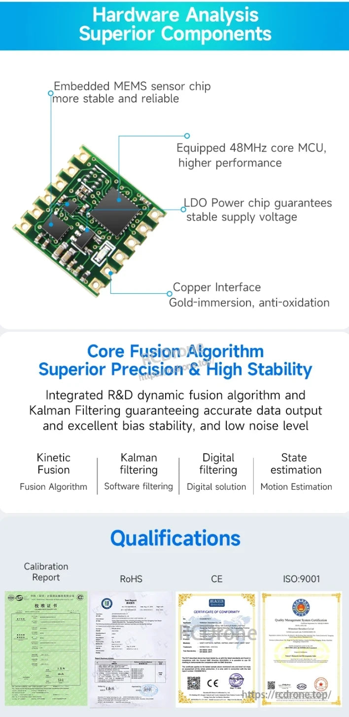 WitMotion WT901 Accelerometer, The WitMotion WT901 features MEMS sensors, a 48MHz MCU, and gold-immersed copper interface, providing high precision and stability through Kalman filtering, and is RoHS, CE, and ISO-9001 certified with a calibration report.
