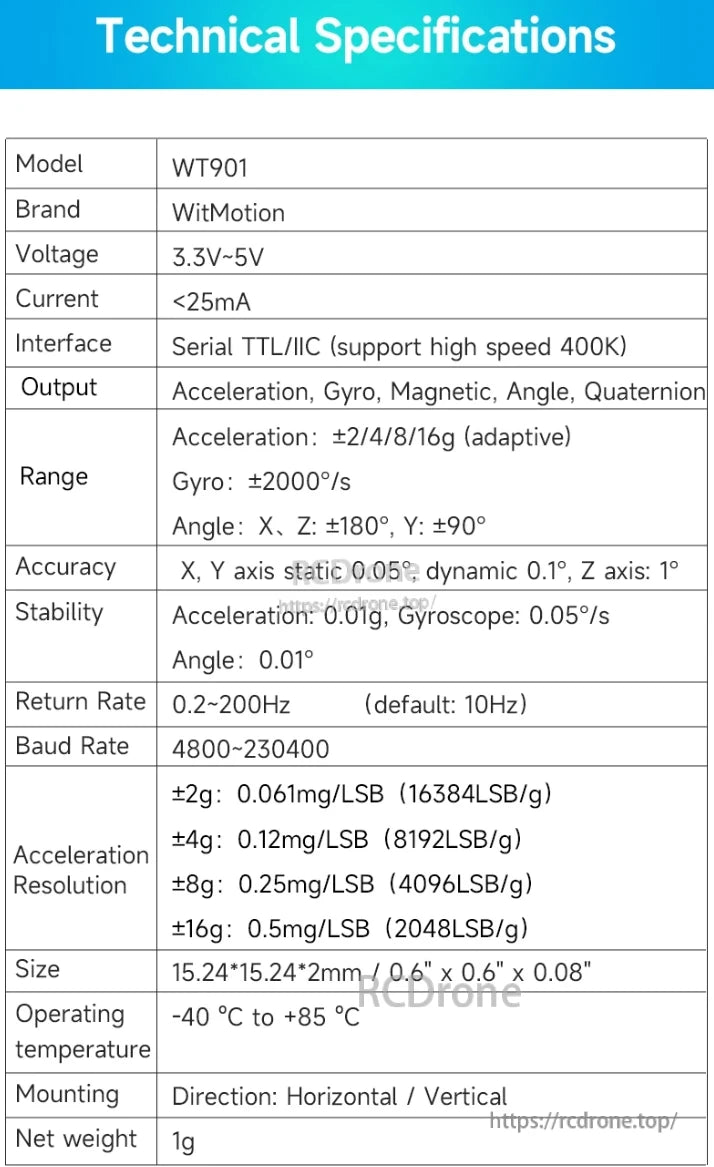 WitMotion WT901 Accelerometer, The WitMotion WT901 is a small, low-power 3-axis sensor with accelerometer, gyro, magnetometer, and quaternion output, supporting 3.3V-5V, serial TTL/IIC, and operating in extreme temperatures.
