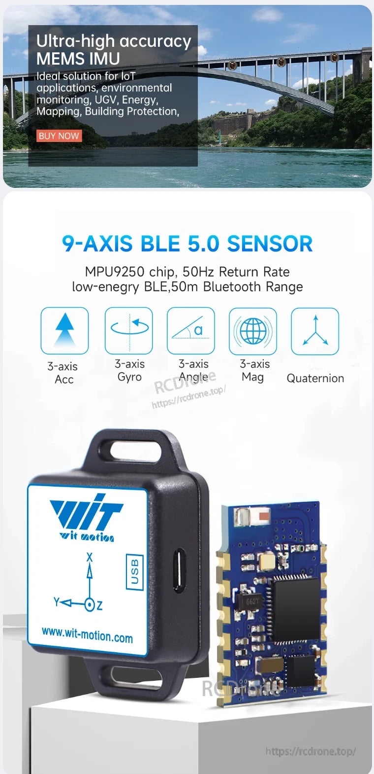 WitMotion WT901 BLE IMU, Ultra-high accuracy MEMS IMU with 9-axis BLE 5.0 sensor, ideal for IoT, mapping, and environmental monitoring. Features MPU9250 chip, 50Hz return rate, low-energy BLE, USB interface, and 50m range. Brand: WitMotion.