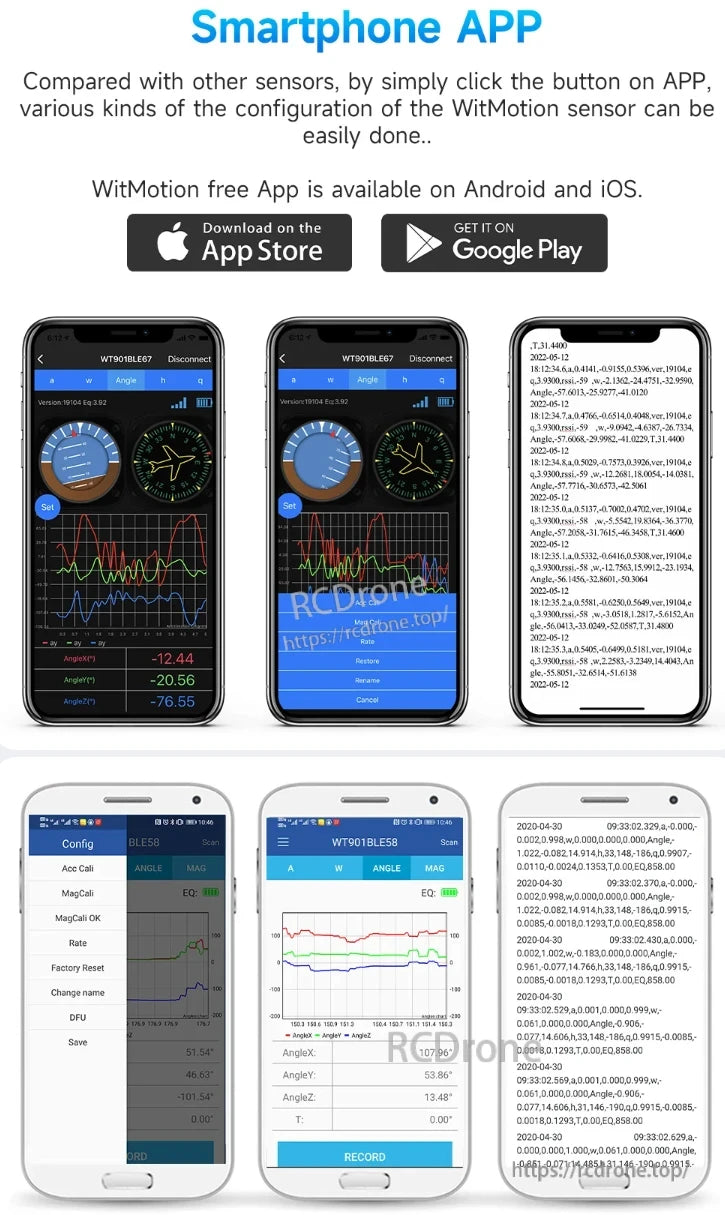 The WitMotion WT901 BLE IMU app allows easy sensor setup on Android and iOS, offering real-time data, calibration, angle measurement, and logging. Available on App Store and Google Play.