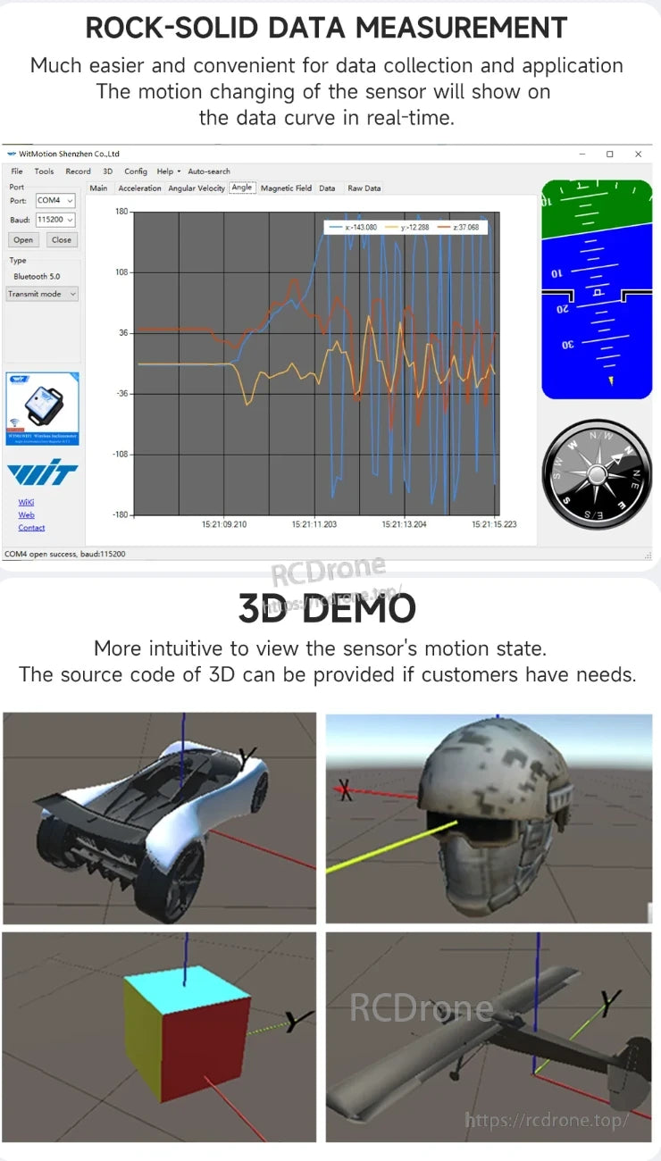 The WitMotion WT901 BLE IMU provides real-time motion data with Bluetooth, 3D visualization, customizable curves, and available source code.