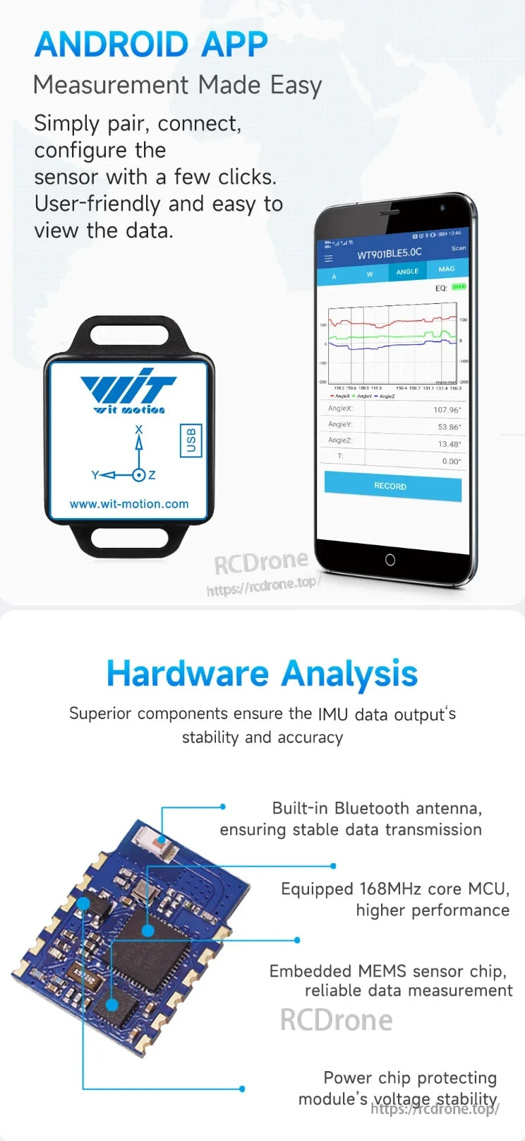 The WitMotion WT901 BLE IMU features an Android app, Bluetooth connectivity, a 168MHz MCU, MEMS sensor, and power chip for accurate motion data.