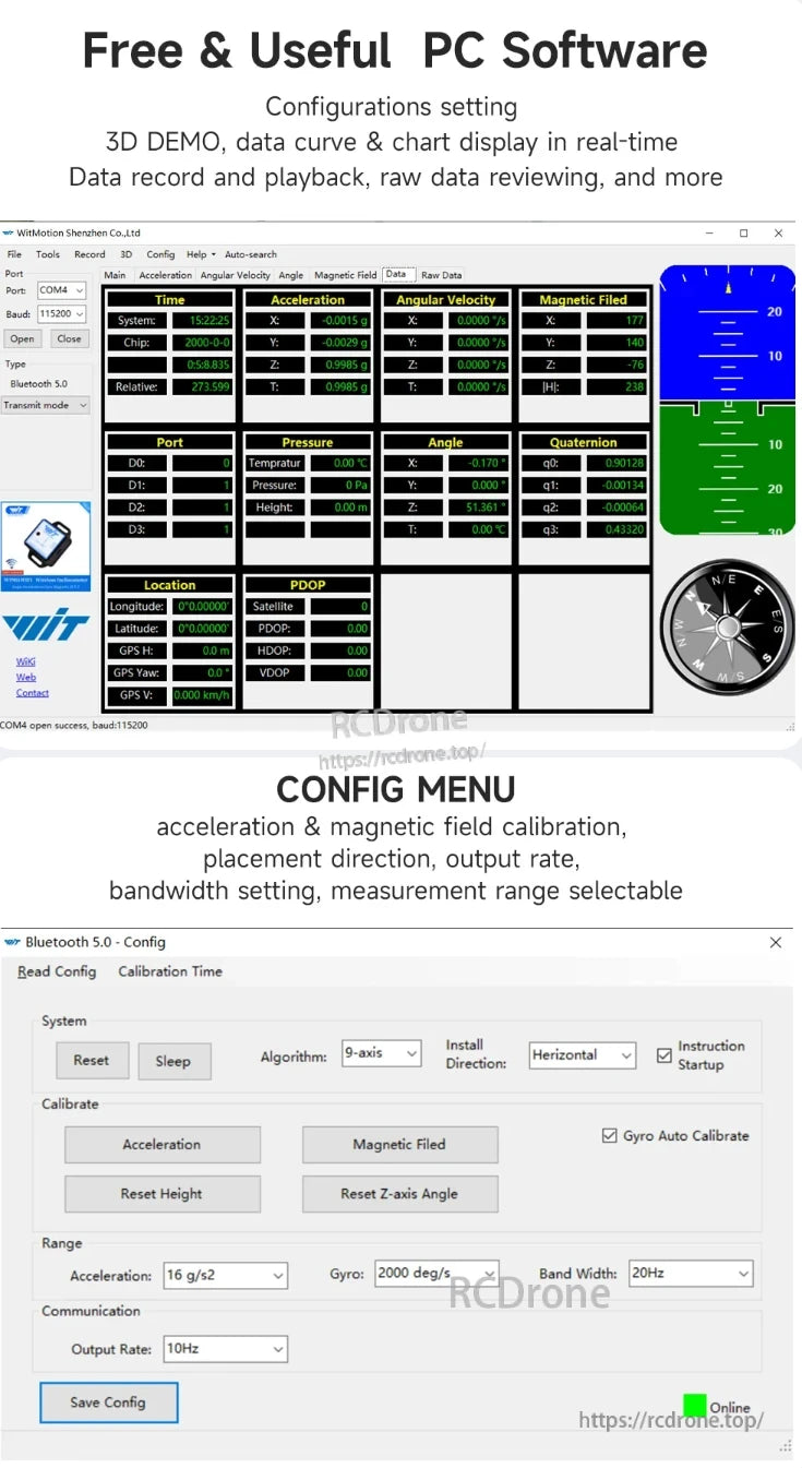 The WitMotion WT901 BLE IMU software shows real-time sensor data, offers 3D demos, data recording, playback, calibration, and adjustable settings for output rate, bandwidth, and measurement range.
