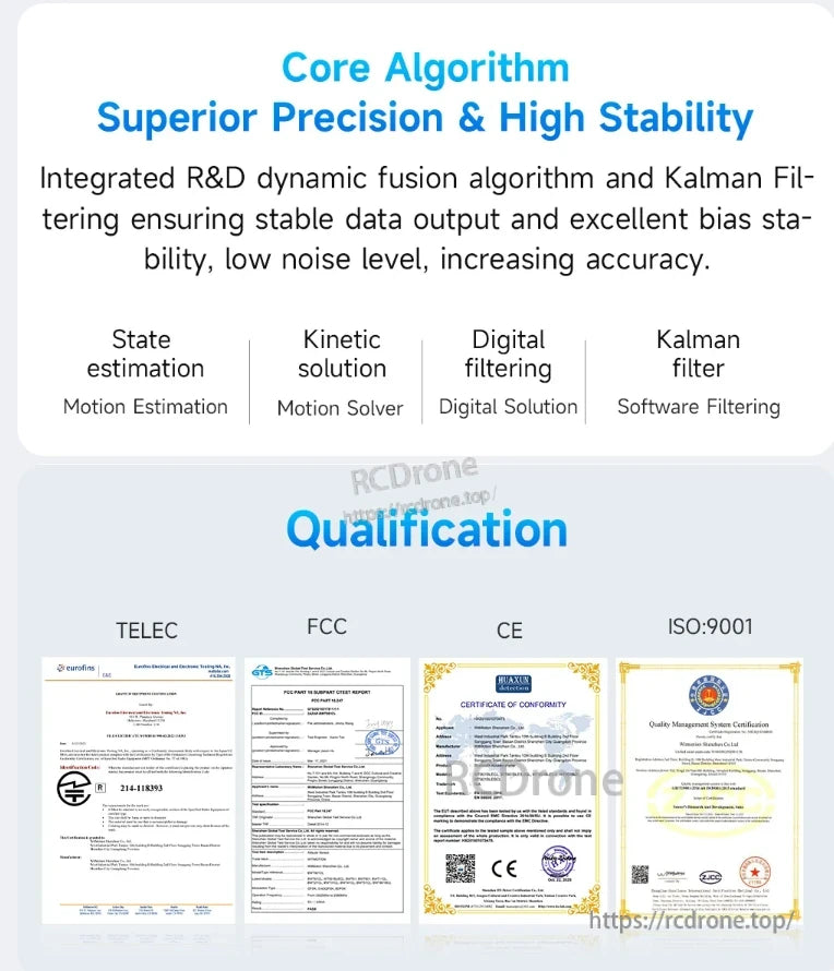The WitMotion WT901 BLE IMU provides high-precision algorithms, dynamic fusion, Kalman filtering, state estimation, kinetic solutions, digital/software filtering, and holds TELEC, FCC, CE, and ISO 9001 certifications.