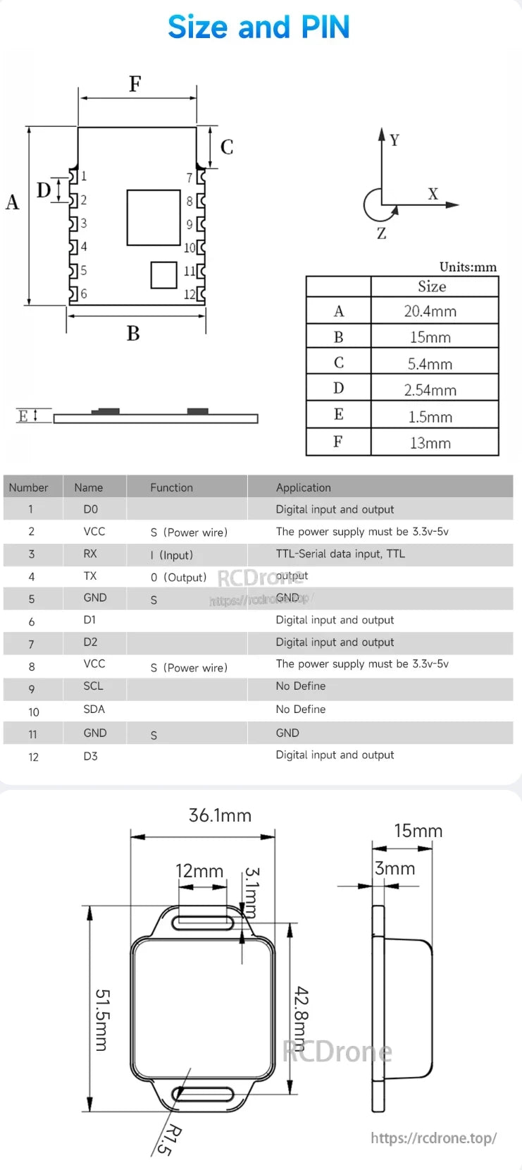 The WitMotion WT901 BLE IMU has compact dimensions, a 12-pin layout with various interfaces, operates on 3.3V-5V, and includes size, pinout, and mechanical details.