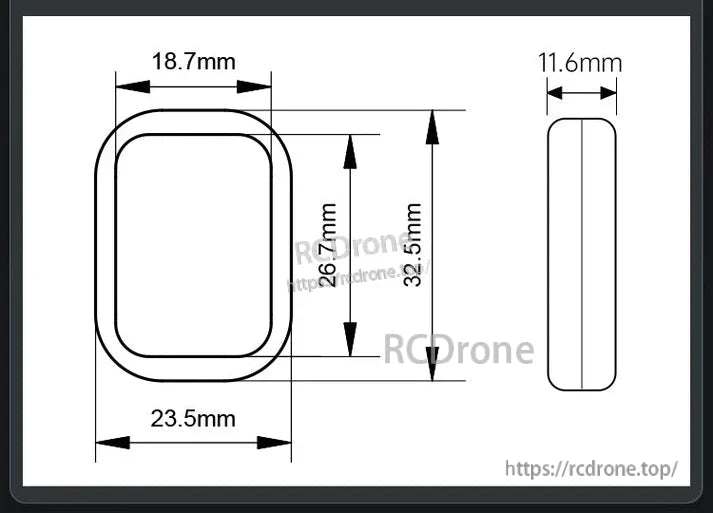 The WitMotion WT9011DCL-RF IMU has dimensions of 23.5mm x 32.5mm, thickness of 11.6mm, and an 18.7mm inner width.