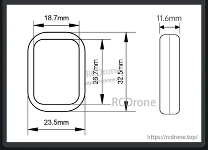The WitMotion WT9011DCL-RF IMU has dimensions of 23.5mm x 32.5mm, thickness of 11.6mm, and an 18.7mm inner width.