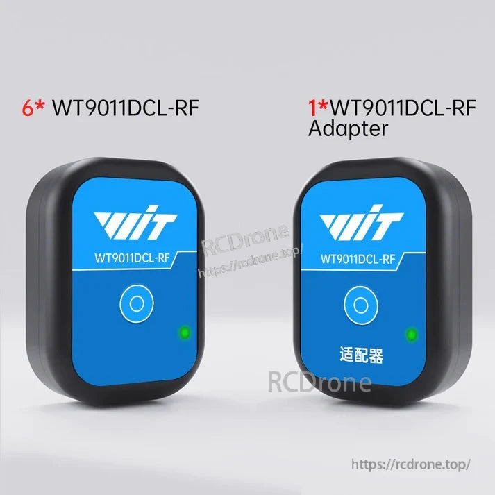 6 WT9011DCL-RF sensors and 1 adapter: wireless IMU with 2.4G RF, accelerometer, gyro, magnetometer, 32-slave cascade, 10m range, 100Hz update rate, 0.2° accuracy.