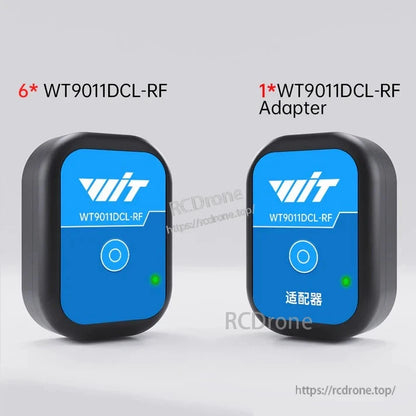 6 WT9011DCL-RF sensors and 1 adapter: wireless IMU with 2.4G RF, accelerometer, gyro, magnetometer, 32-slave cascade, 10m range, 100Hz update rate, 0.2° accuracy.