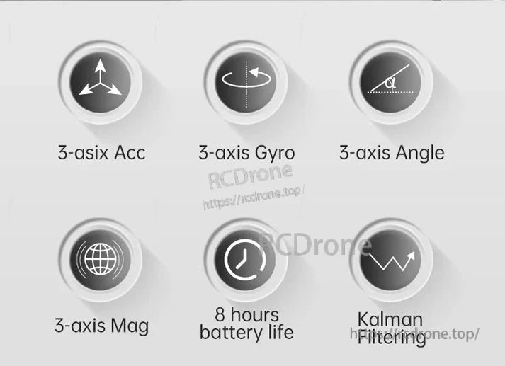 3-axis IMU with Acc, Gyro, Angle, Mag, 8-hour battery, Kalman filtering, wireless, 10m range, 100Hz, 0.2° accuracy.