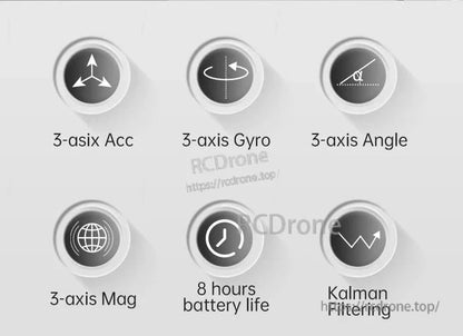 3-axis IMU with Acc, Gyro, Angle, Mag, 8-hour battery, Kalman filtering, wireless, 10m range, 100Hz, 0.2° accuracy.