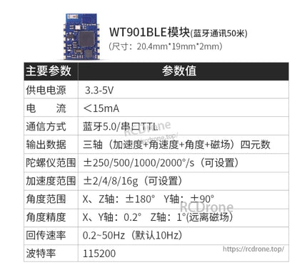The WT901BLE module features Bluetooth 5.0, 50m range, 3.3-5V power, low current draw, and outputs quaternion data with accelerometer, gyroscope, and magnetometer. It offers configurable ranges, 0.2° precision, 10Hz update rate, and 115200 baud rate.