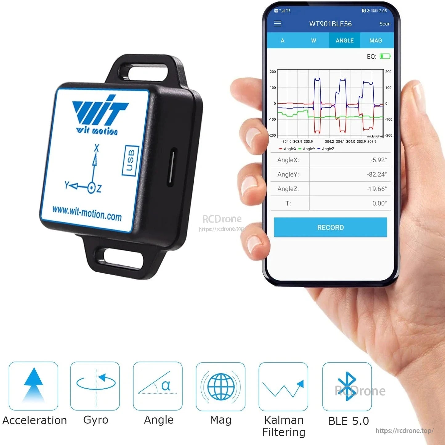 WitMotion WT901BLE56 is a 9-axis IMU with Bluetooth 5.0, offering accelerometer, gyro, magnetometer, angle measurement, Kalman filtering, and USB interface. It supports Android, iOS, PC, and displays real-time data via a mobile app.