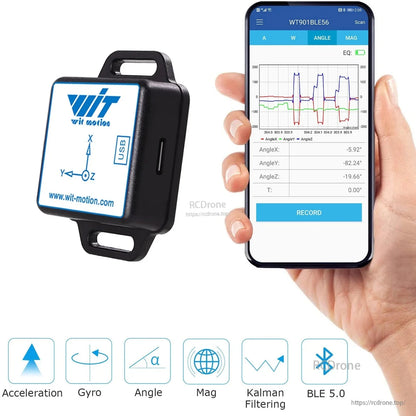 WitMotion WT901BLE56 is a 9-axis IMU with Bluetooth 5.0, offering accelerometer, gyro, magnetometer, angle measurement, Kalman filtering, and USB interface. It supports Android, iOS, PC, and displays real-time data via a mobile app.