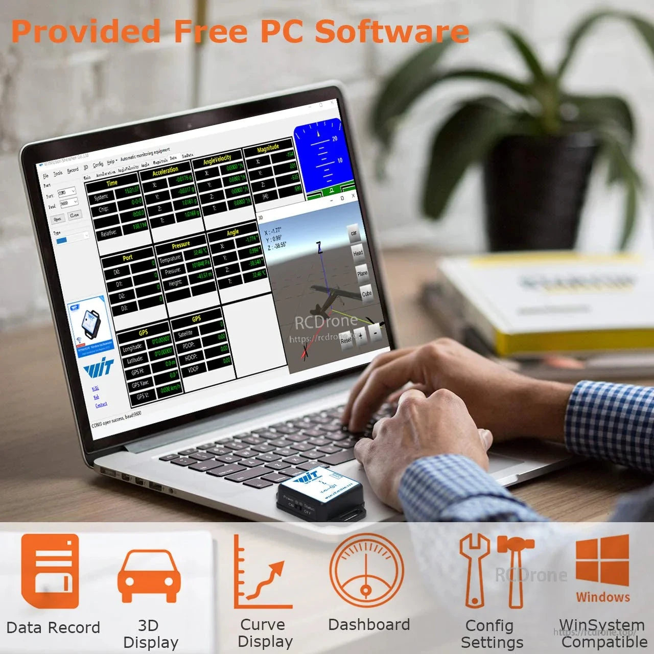 WitMotion WT901BLECL: 9-axis IMU with Bluetooth 5.0, accelerometer, gyro, magnetometer. Comes with PC software for data recording, analysis, 3D display, and Windows compatibility.