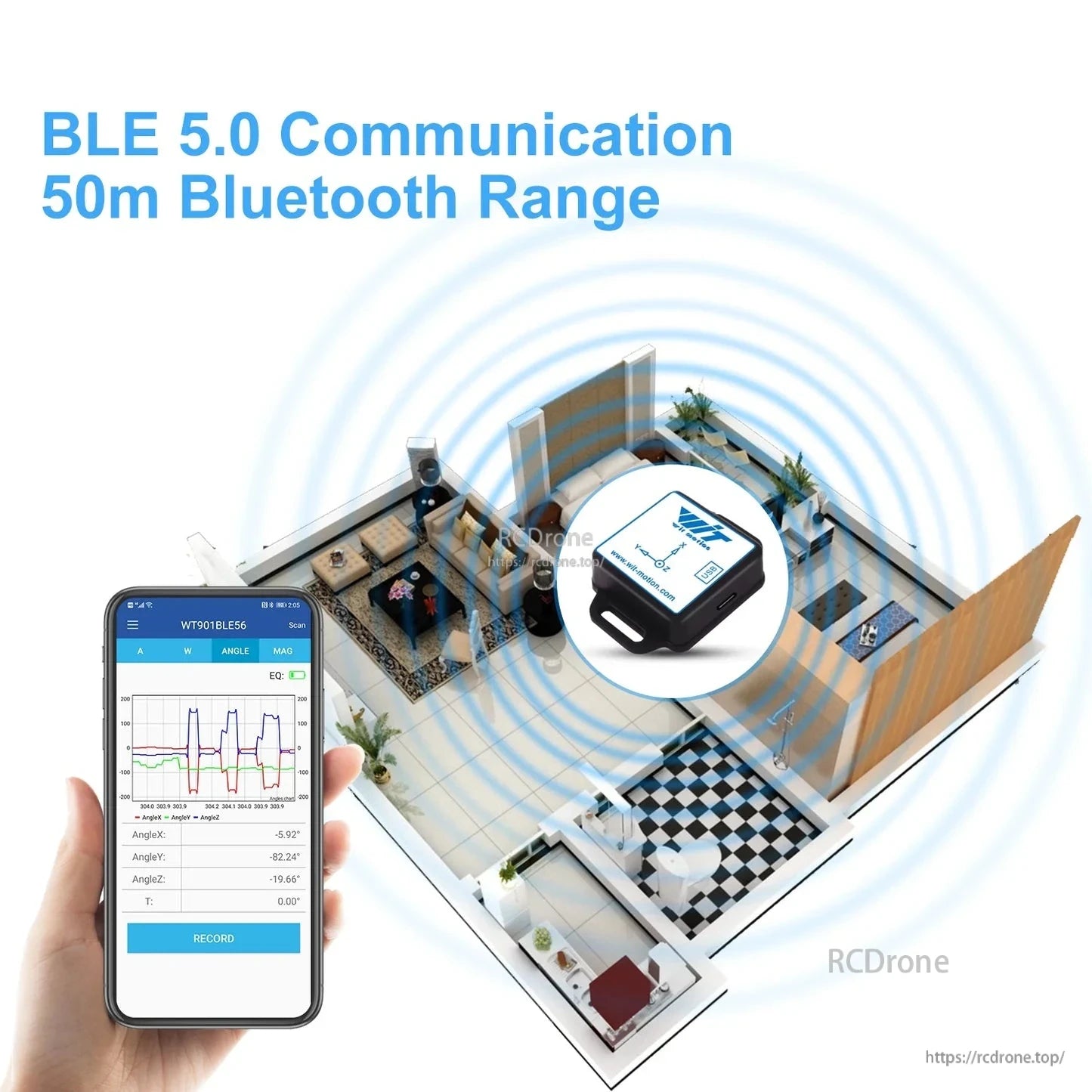The WT901BLE56 IMU features BLE 5.0, 50m range, real-time smartphone app data, Kalman filter, and supports Android, iOS, PC, and Arduino.
