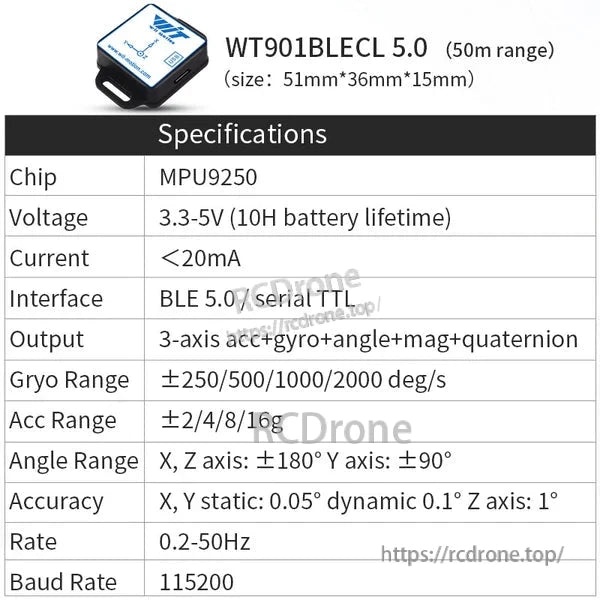 The WitMotion WT901BLECL 5.0 IMU features an MPU9250 chip, BLE 5.0, 3.3-5V operation, <20mA current, and outputs 3-axis acceleration, gyro, angle, magnetometer, and quaternion data. It offers gyro ranges of ±250 to ±2000 deg/s, acceleration ranges of ±2 to ±16g, and high accuracy with static 0.05° (X,Y), dynamic 0.1° (X,Y), and Z 1°. It supports 0.2-50Hz update rates, 115200 baud rate, and measures 51×36×15mm with a 50m range.