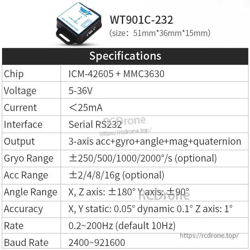 WitMotion WT901C-232 9-axis IMU with ICM-42605 and MMC3630 chips. Features RS232 interface, 5-36V power, low current draw. Outputs acceleration, gyro, angle, mag, quaternion. High accuracy and adjustable baud rates.