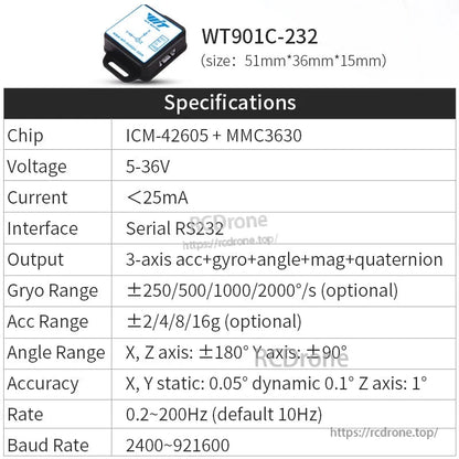 WitMotion WT901C-232 9-axis IMU with ICM-42605 and MMC3630 chips. Features RS232 interface, 5-36V power, low current draw. Outputs acceleration, gyro, angle, mag, quaternion. High accuracy and adjustable baud rates.