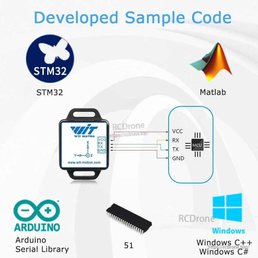 The WitMotion WT901C is a high-precision 9-axis AHRS IMU with accelerometer, gyroscope, magnetometer, and angle/quaternion output, offering 0.05° accuracy, 0.2–200 Hz frequency, and TTL/RS232/RS485 Modbus communication, compatible with STM32, Arduino, MATLAB, and Windows C#/C++.