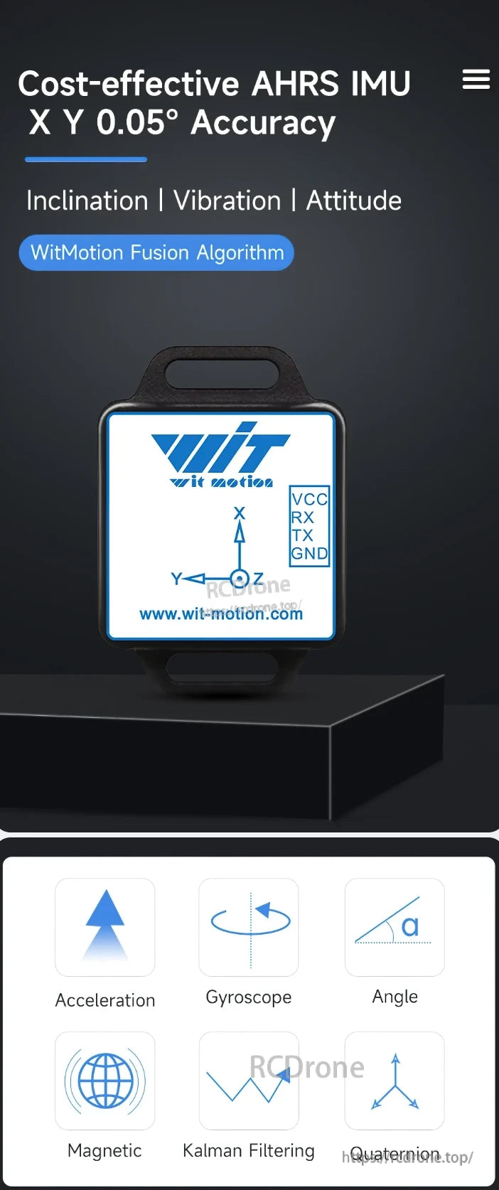 WitMotion WT901C IMU, Affordable AHRS IMU offers 0.05° X/Y accuracy, inclination, vibration, and attitude sensing via WitMotion Fusion Algorithm, with Kalman filtering and quaternion functions.