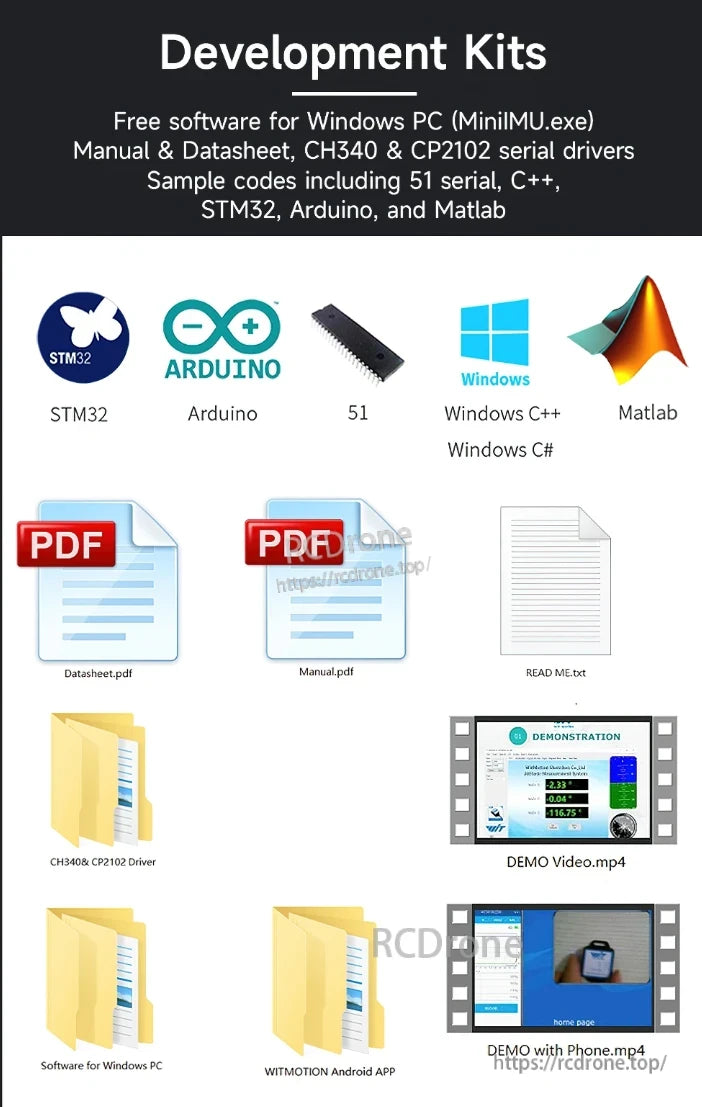 WitMotion WT901C IMU, Development Kits include free Windows software, manuals, drivers, sample codes for 51, C++, STM32, Arduino, Matlab, demo videos, and Android app.