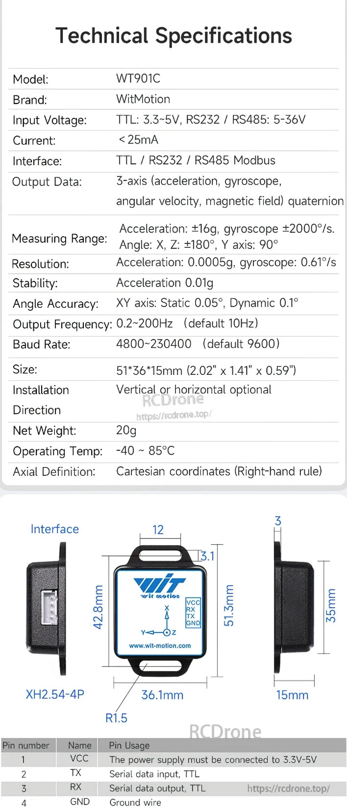 The WitMotion WT901C IMU provides 3-axis sensing with acceleration, gyroscope, and magnetometer, outputs quaternions, supports TTL/RS232/RS485, measures ±16g, ±2000°/s, ±180° angles, and operates from -40 to 85°C in a compact 51×36×15mm size.
