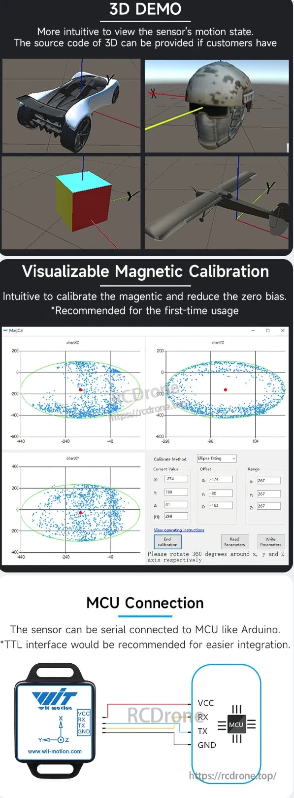 WitMotion WT901C IMU Sensor, A 3D demo visualizes sensor motion using car, helmet, cube, and drone models. It includes a magnetic calibration interface and MCU connection details with a TTL interface for Arduino, labeling VCC, RX, TX, and GND pins.
