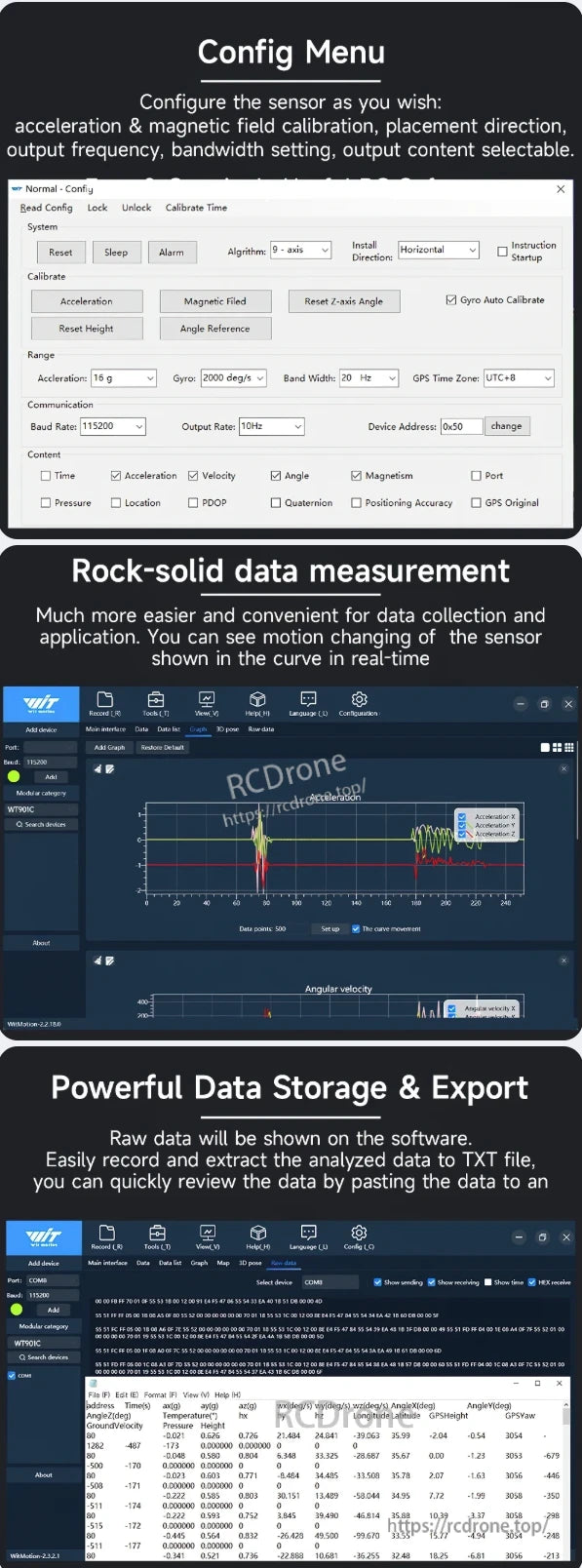 The WitMotion WT901C IMU sensor offers configurable settings, real-time data visualization, robust measurements, and supports data storage/export in TXT format for analysis.