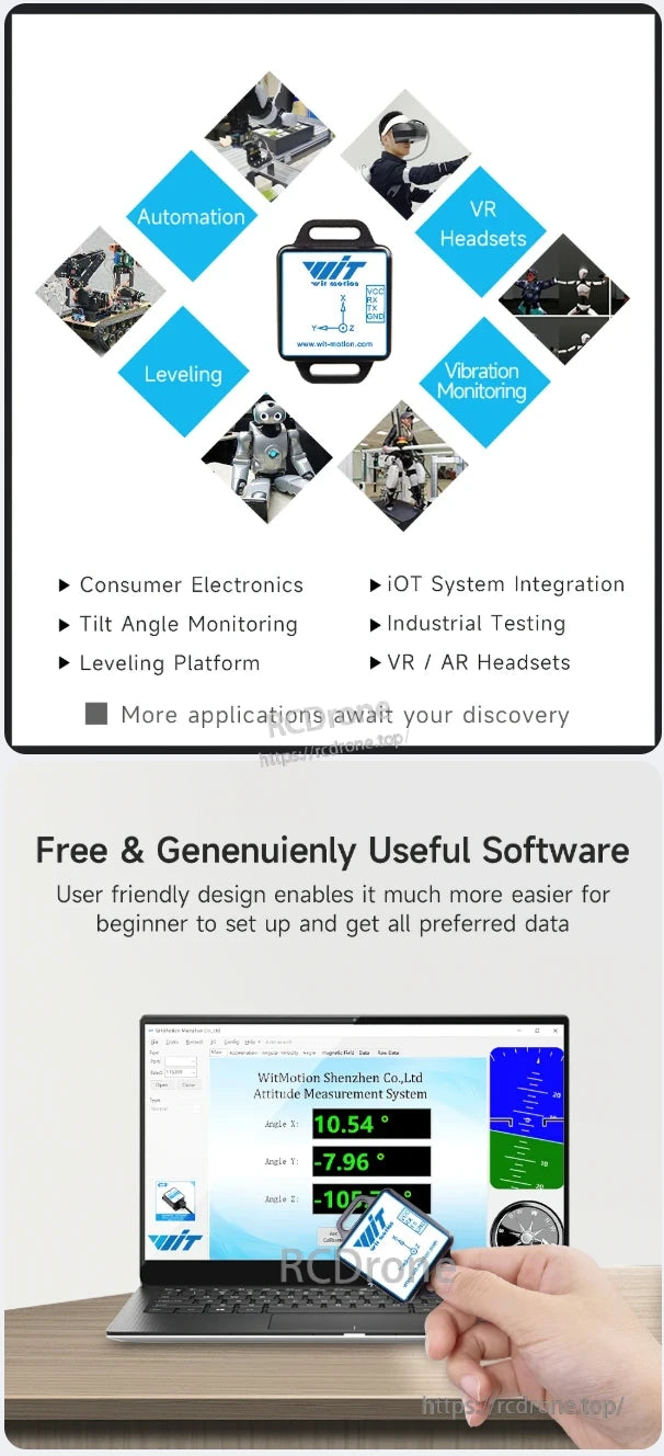 The WitMotion WT901C IMU sensor enables automation, VR, leveling, and vibration monitoring, with free software for real-time attitude measurement in consumer electronics, IoT, industrial testing, and AR/VR applications.