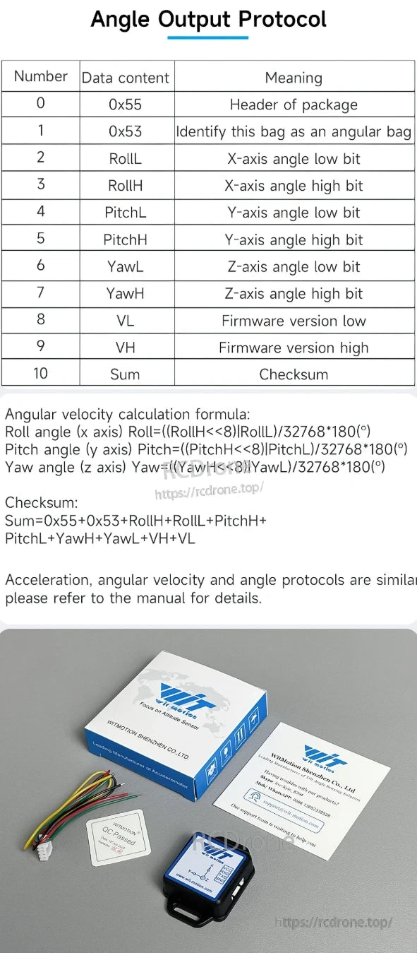 WitMotion WT901C IMU Sensor, The WT901C IMU sensor outputs roll, pitch, yaw angles, firmware version, and checksum using a defined data structure, angular calculations, and packaging protocol.