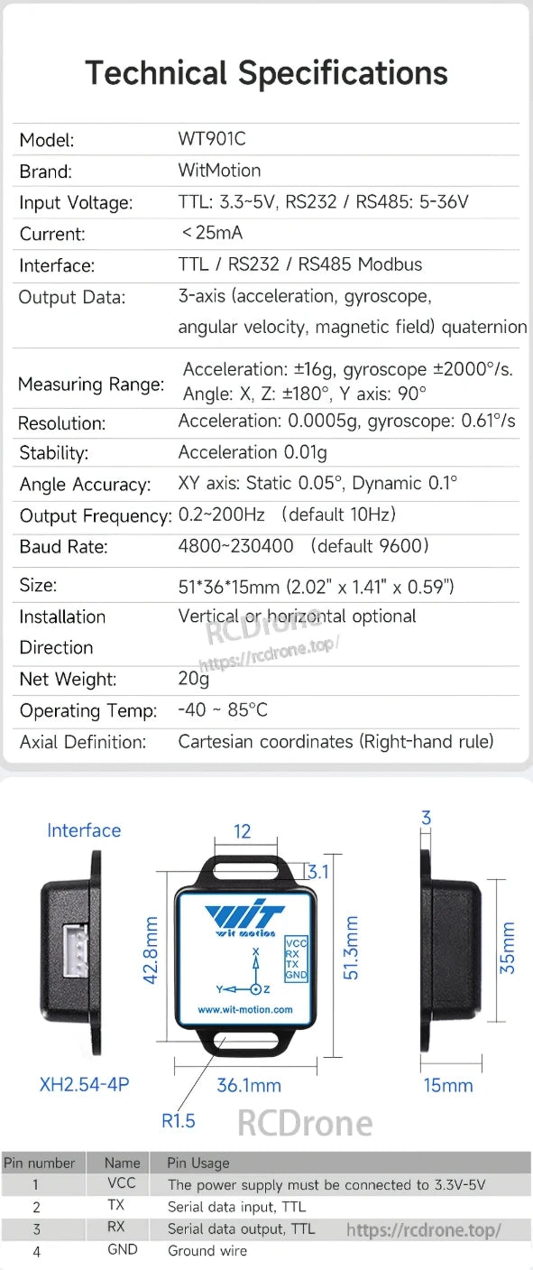 The WitMotion WT901C IMU sensor provides 3-axis acceleration, gyroscope, angular velocity, and magnetic field sensing with high accuracy and multiple interface options.