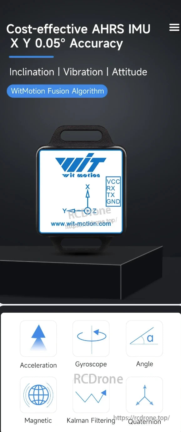 WitMotion WT901C IMU Sensor, Affordable AHRS IMU with 0.05° X/Y accuracy, inclination, vibration, and attitude sensing via WitMotion Fusion Algorithm, offering acceleration, gyroscope, angle, magnetic, Kalman filtering, and quaternion functions.