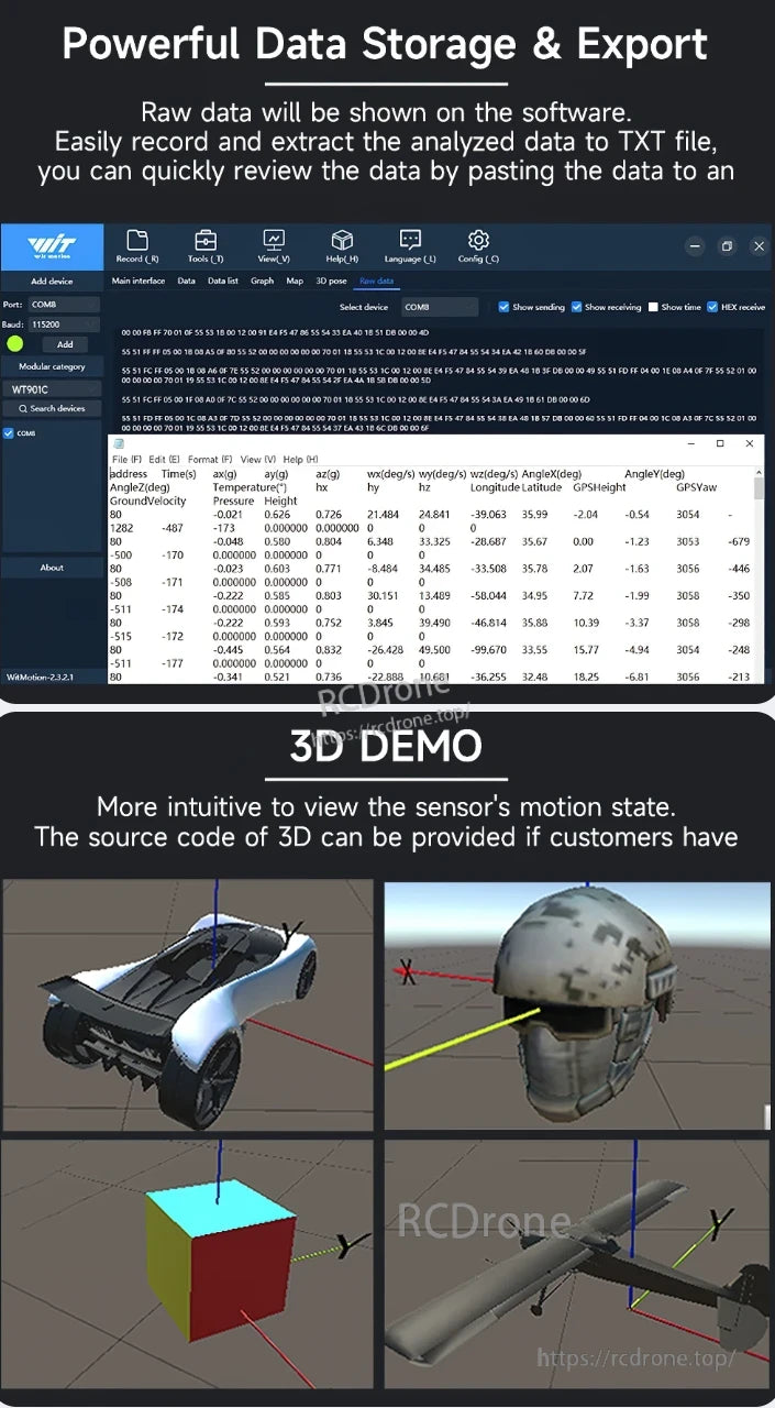 The WitMotion WT901C IMU provides data storage, easy TXT export, and 3D motion visualization with source code.