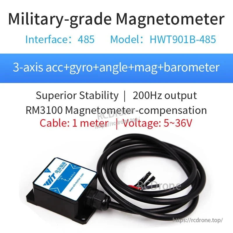 Military-grade magnetometer with 3-axis sensors, 200Hz output, RM3100 compensation, 1m cable, 5-36V, HWT901B-485 interface.
