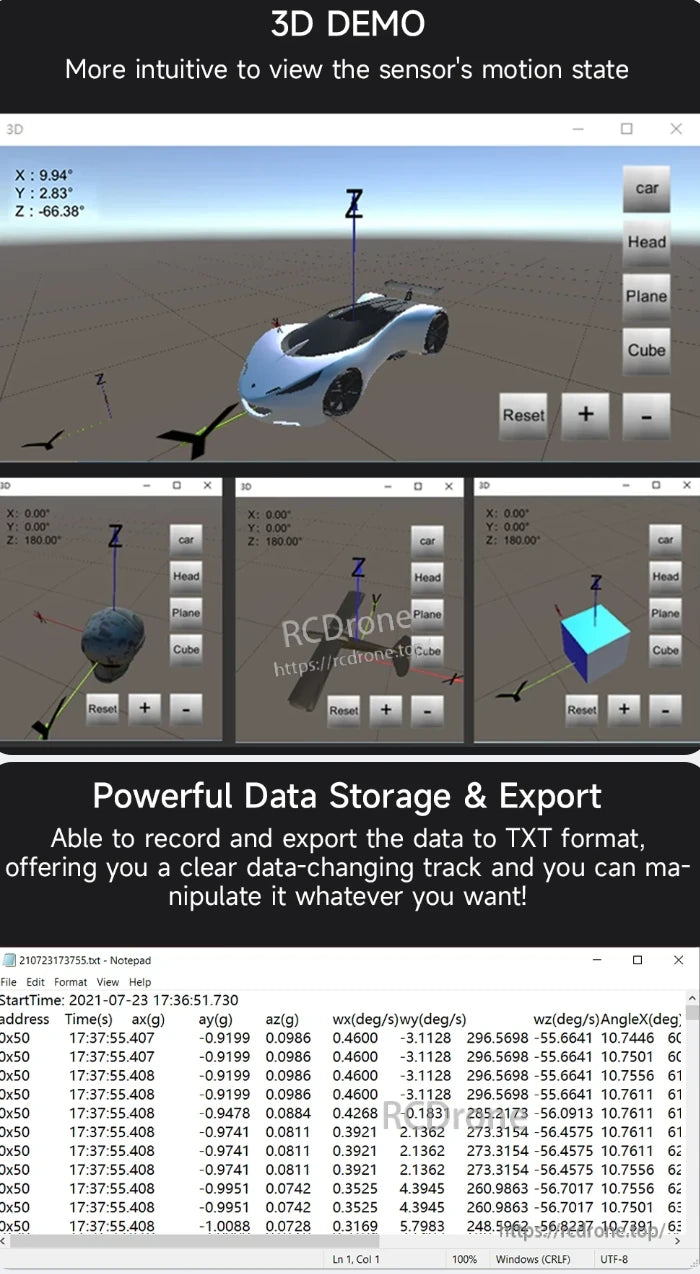 WitMotion WT901SDCL Accelerometer, 3D demo visualizes sensor motion with intuitive display, robust storage, TXT export, precise timestamps, and multi-axis readings.
