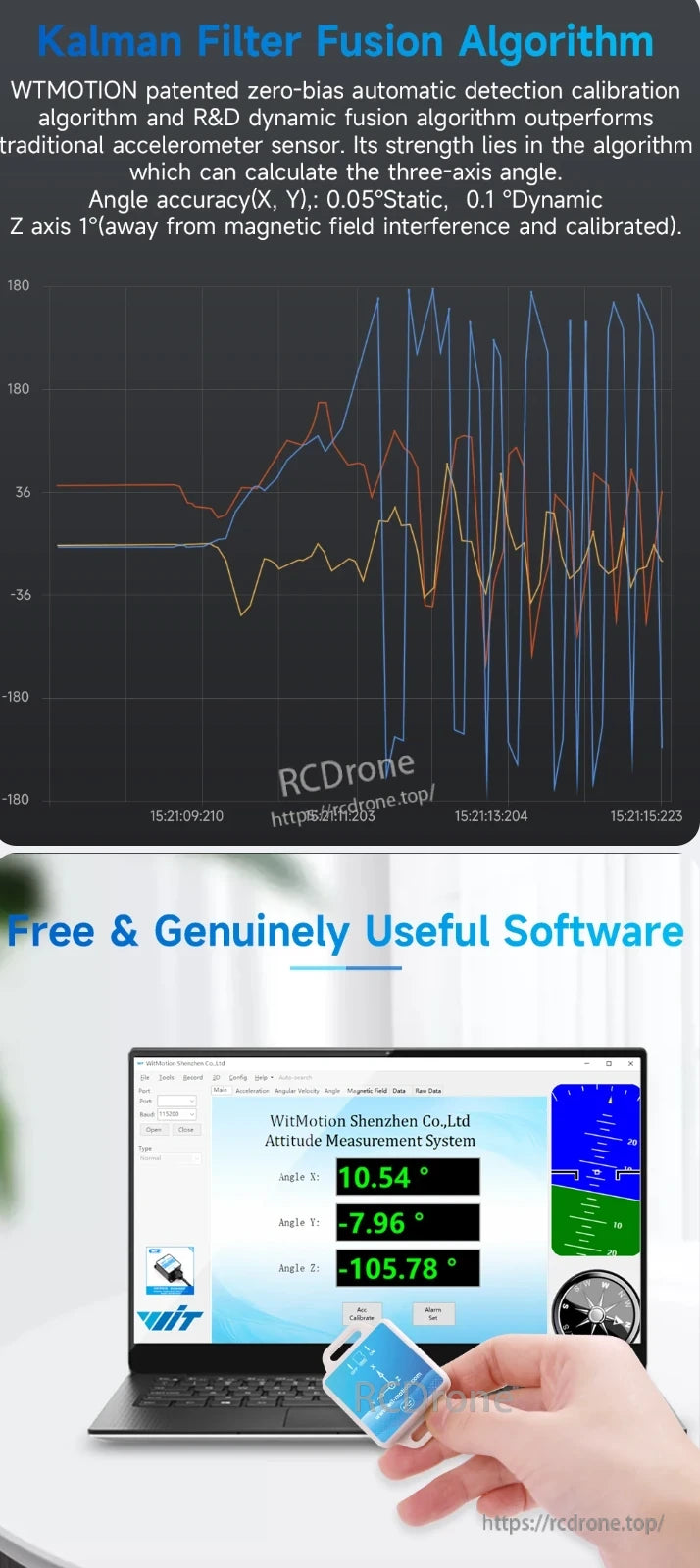 WitMotion WT901SDCL Accelerometer, The WitMotion WT901SDCL uses Kalman Filter Fusion and zero-bias calibration for high-angle accuracy, with free software for real-time attitude measurement and data visualization.