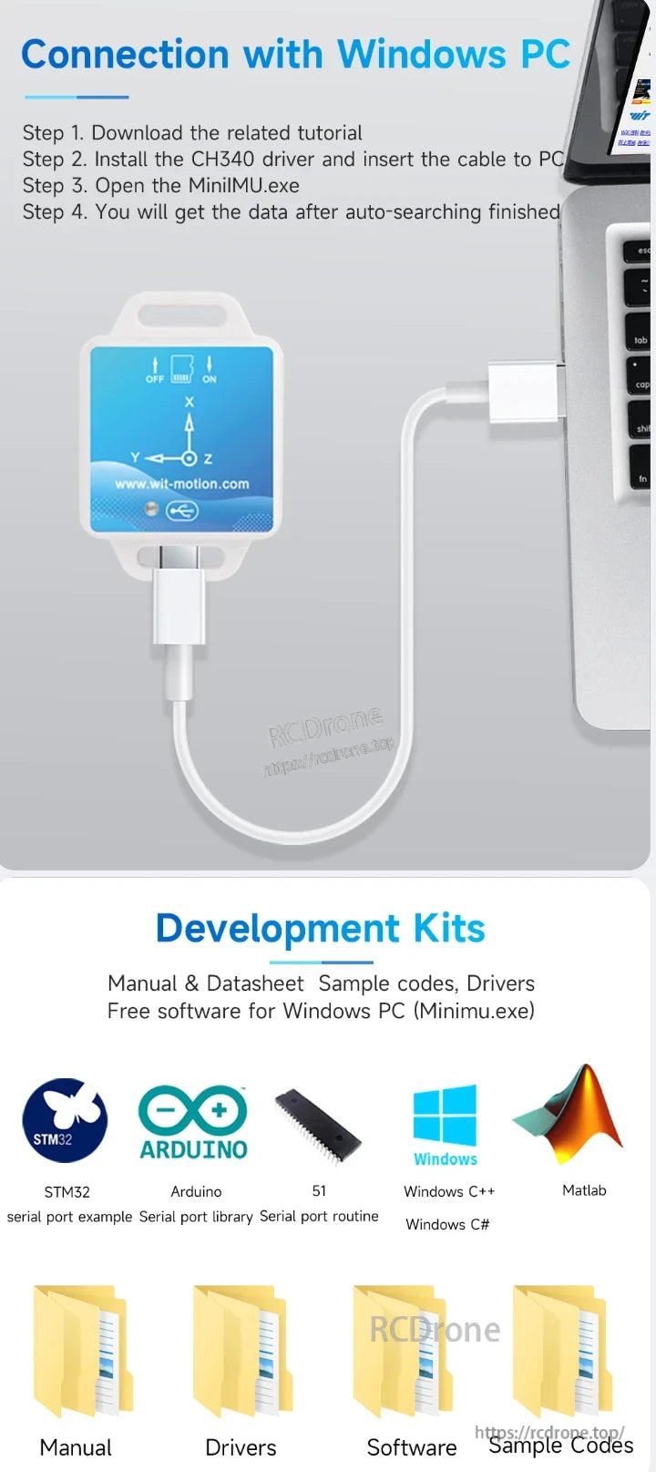 WitMotion WT901SDCL Accelerometer, Guide to connect WitMotion WT901SDCL to Windows PC: download tutorial, install CH340 driver, connect cable, run MiniIMU.exe. Development kits include STM32, Arduino, 51, Windows C++, MATLAB, with manual, drivers, software, and sample codes.
