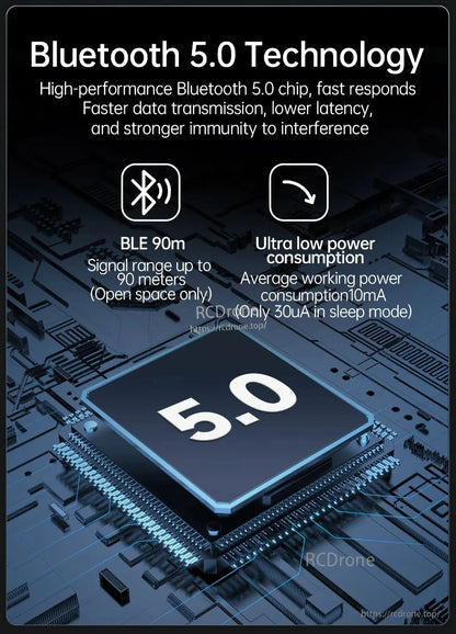 Bluetooth 5.0 offers fast response, low latency, strong interference resistance, long range (up to 90m), ultra-low power consumption (10mA average, 30uA sleep), and reliable connectivity for extended battery life in diverse applications.