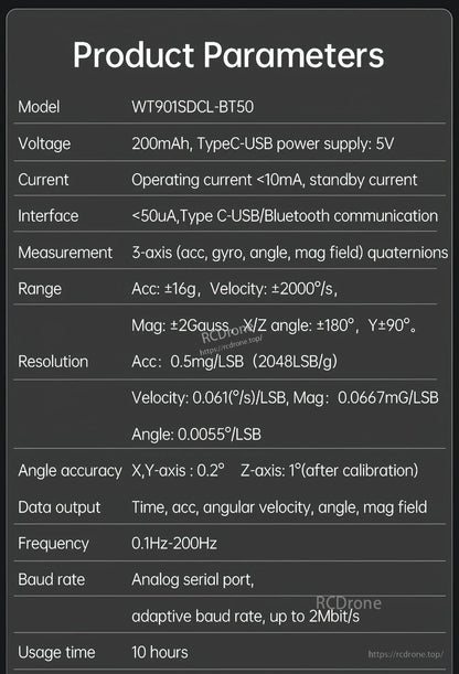 The WitMotion WT901SDCL-BT50 is a 9-axis IMU logger with Bluetooth 5.0, 200Hz output, and 10-hour battery life.