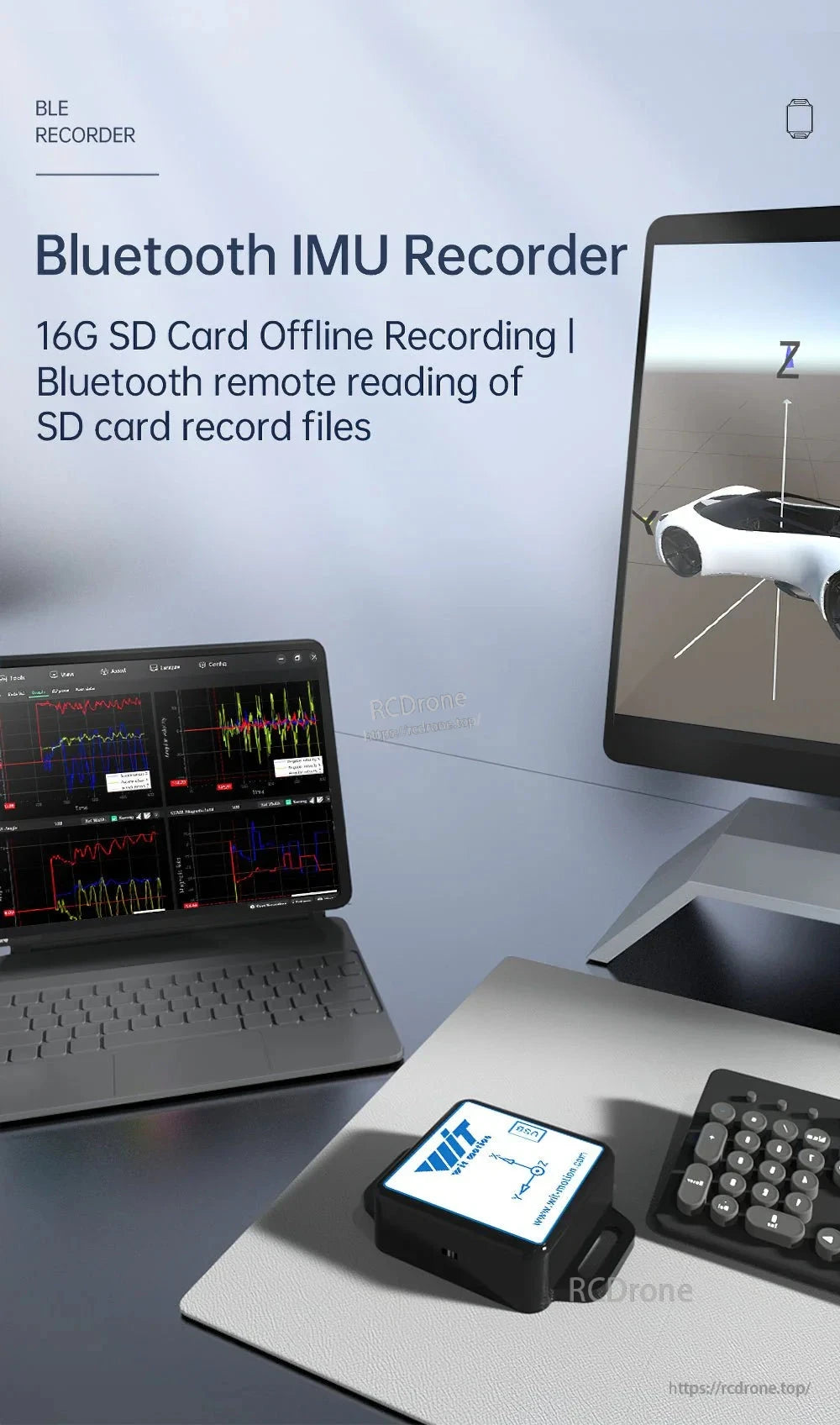 Bluetooth IMU Recorder with 16GB SD card, BLE 5.0, 9-axis sensor, 200Hz output for offline and remote data access.