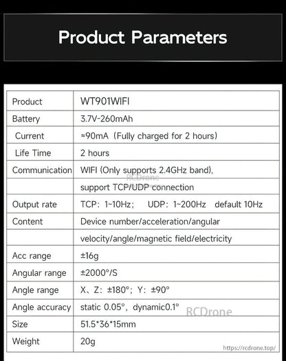 The WitMotion WT901WIFI is a compact 9-axis IMU with WiFi, offering high-frequency sensor data in a lightweight design.