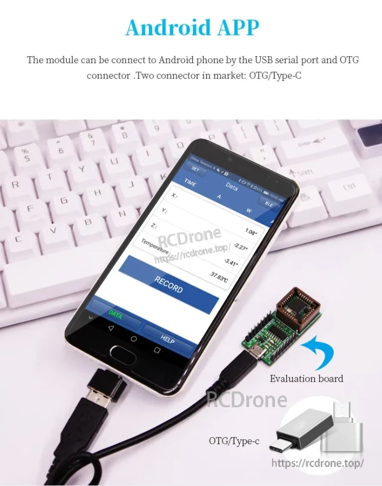 WitMotion WT931 9-Axis Attitude Sensor, Android app connects via USB serial/OTG-Type-C, displays X/Y/Z data, temp, records, connects to eval board.