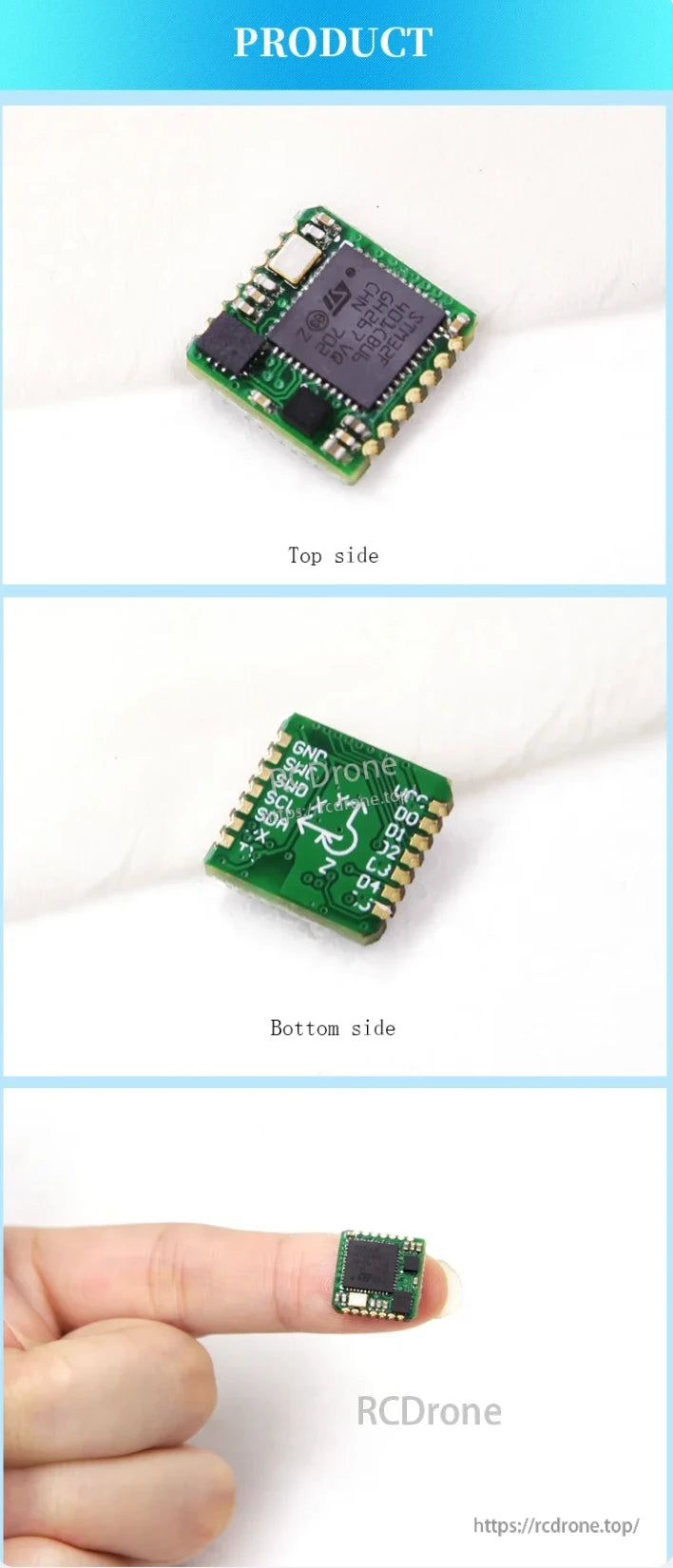WitMotion WT931 9-Axis Attitude Sensor, WitMotion WT931 9-axis sensor shown from top and bottom views, with size comparison on a finger.