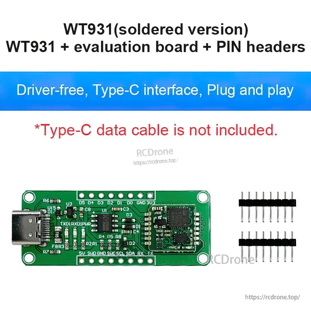WitMotion WT931 9-Axis Attitude Sensor, WT931 soldered version with eval board and pin headers. Plug-and-play Type-C interface, no driver needed. Includes UART-TTL and I²C for Arduino/STM32. Data cable not included.